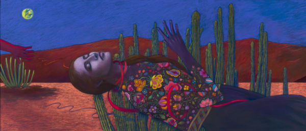 A pastel on paper work by Judithe Hernández featuring a woman laying down in a nighttime desert scene.