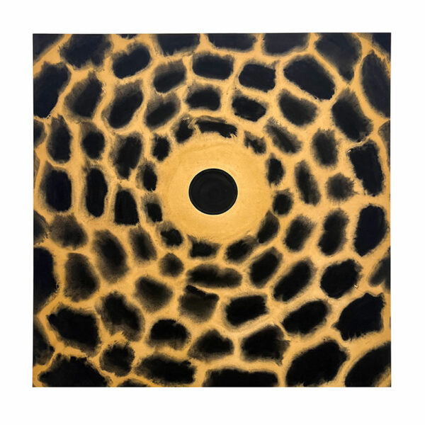 A yellow canvas with a black dot in the center and a pattern of black shapes radiating outward.