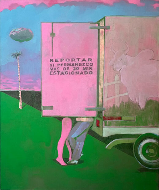 A painting of two people standing behind the door of a moving truck.