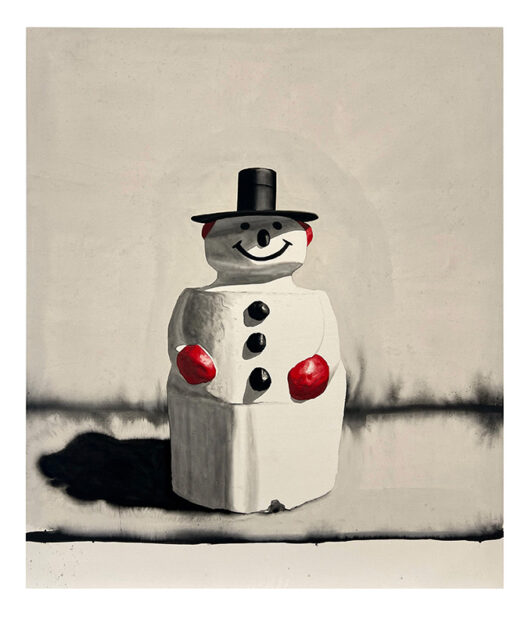 A painting of a metal snowman with a black hat and red hands.