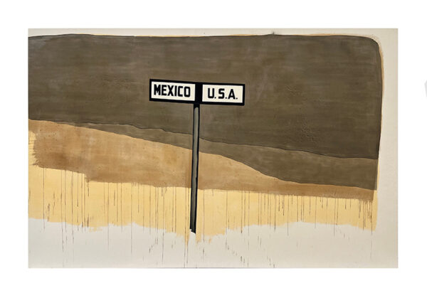 A painting of a sign that reads "Mexico/ U.S.A." in the desert.