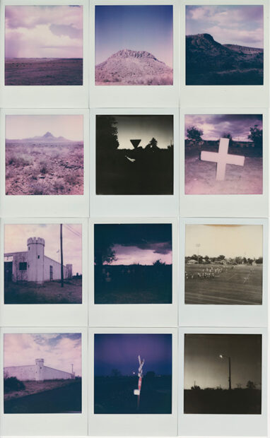 A grid of Polaroid photographs depicting scenes from the desert.