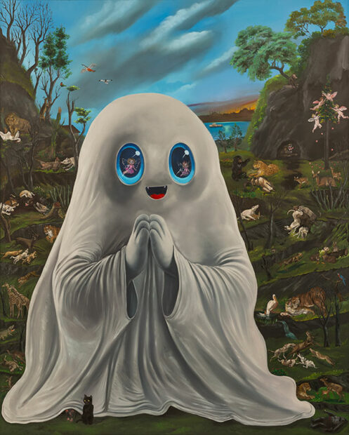 A cartoony ghost stands with big blue eyes with its hands clasped.