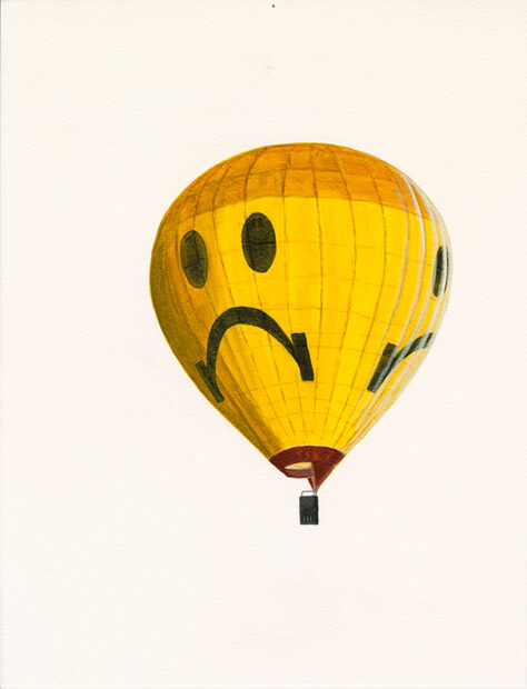 A painting of a yellow hot air balloon with a "sad face" emoji printed on it.