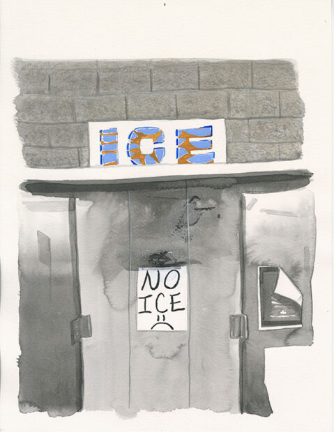 A painting of an ice machine with a sign that reads "no ice."