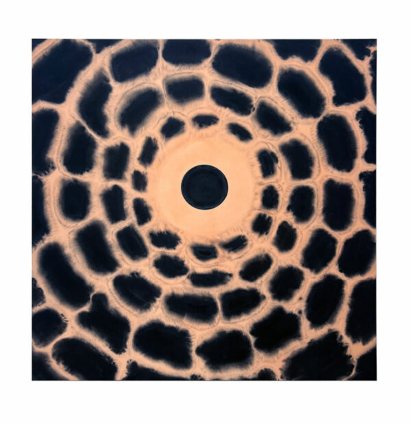 A pinkish canvas with a black dot in the center and a pattern of black shapes radiating outward.