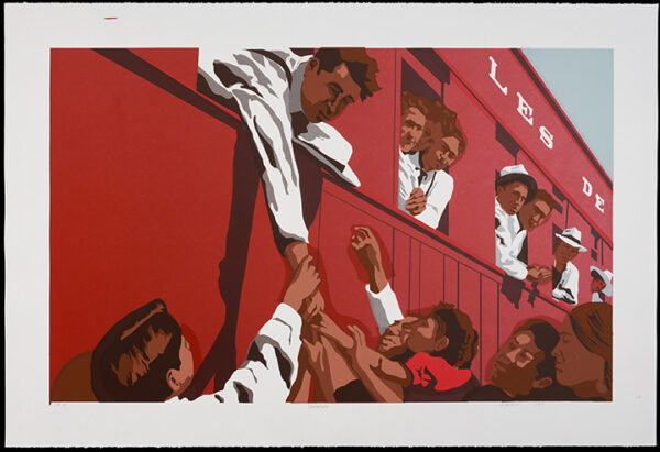 A screenprint depicting men leaving on a train and reaching out to say goodbye to people on the platform.