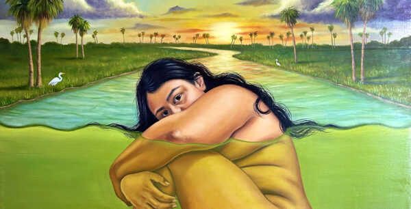 A detail of a self-portrait by Josie Del Castillo of her submerged in a river.