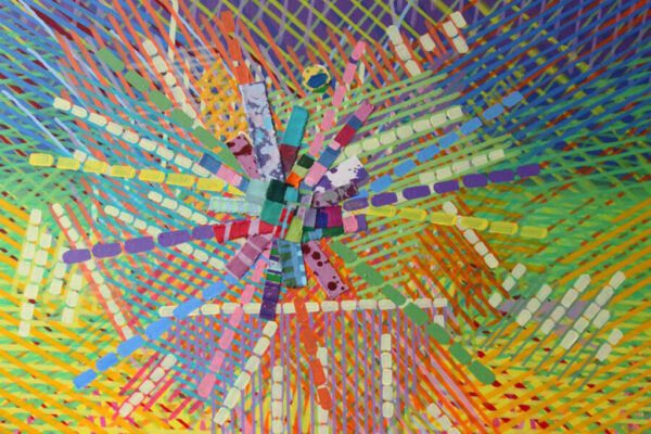 A photograph of an abstract colorful artwork by Bibi Flores.