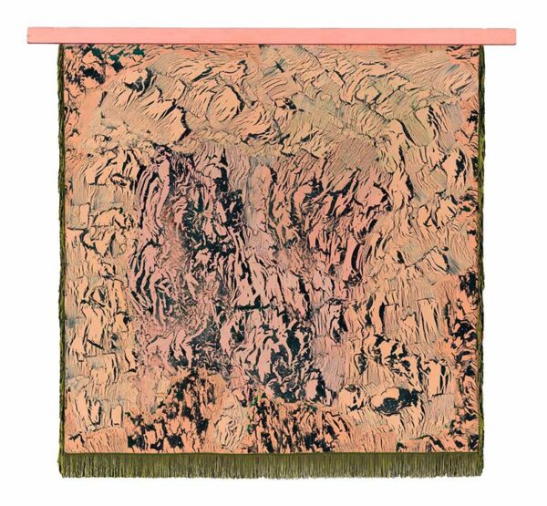 A salmon-colored non-figurative abstract painting with a salmon-colored bar at the top.