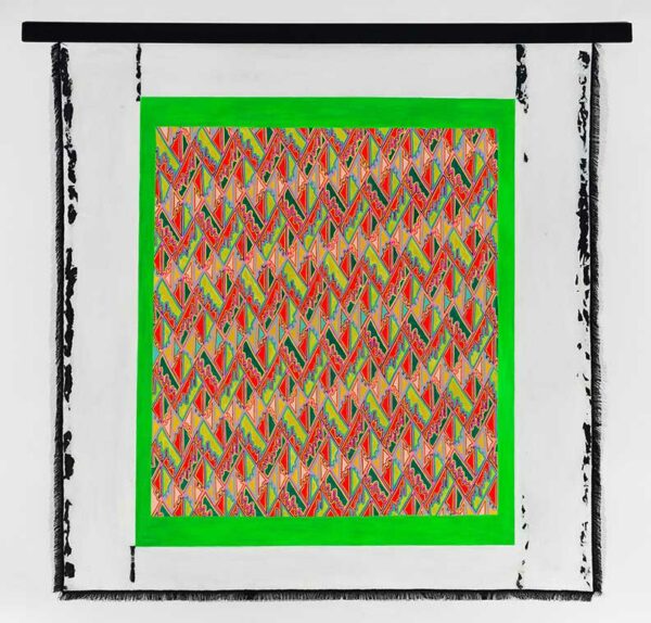 A patterned abstraction in orange and pink surrounded by a lime green border.