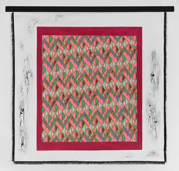 A patterned abstraction with pink and white shapes surrounded by a red border.