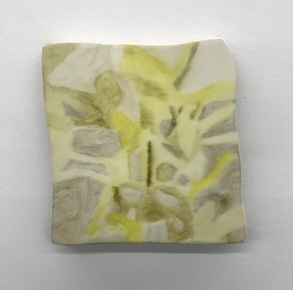 A yellow non-figurative abstract painting on shaped panel.