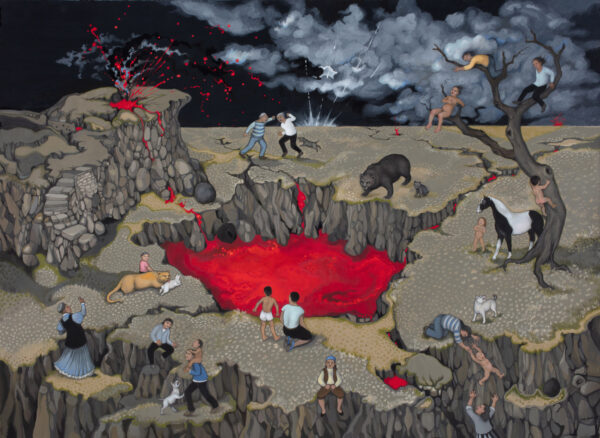 A zoomed-out landscape painting depicts multiple figures and animals interacting with each other. In the landscape, lava erupts from the ground, and a pool of magma sits in the middle of the compostion.