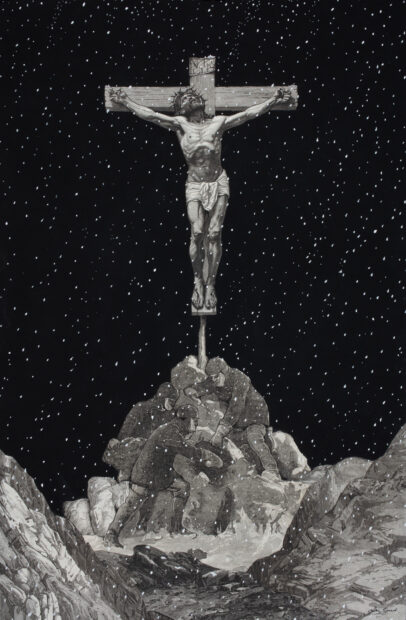 An image of a crucified Jesus sits atop a rocky landscape. Over the landscape are white dots, which look like snow on the ground, and stars against the sky.