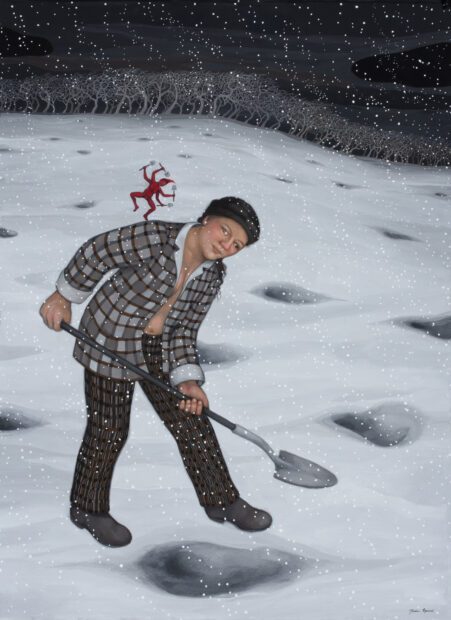 A person stands in a snowy, pockmarked landscape, digging into it with a shovel. They have a devil-like figure dancing on their shoulder.