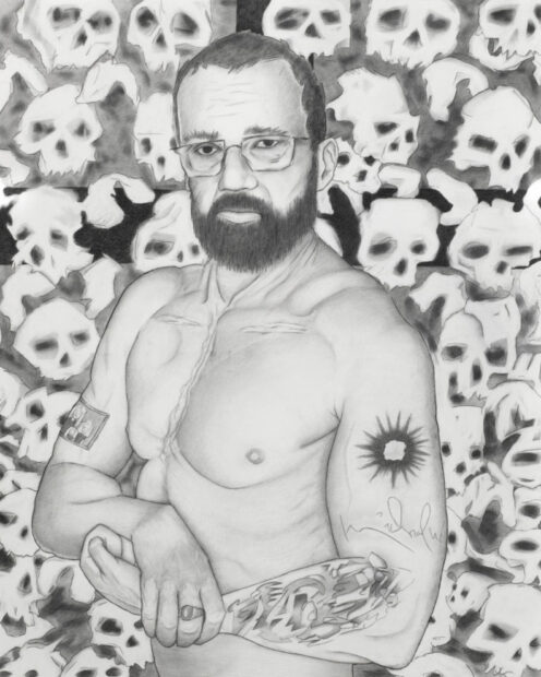 A drawing of a shirtless man with tattoos on his biceps and forearm.