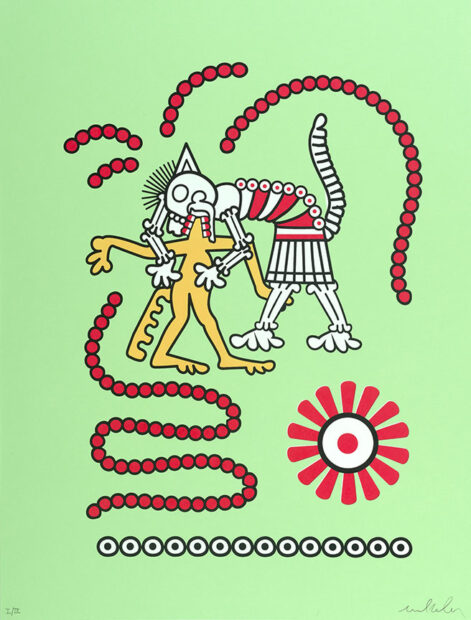 A screenprint in the Aztec/ Mayan highland style of a skeleton figure devouring a cat-like figure.