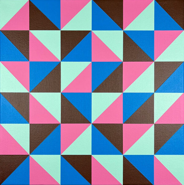 A hard-edged geometric abstract painting consisting of 72 triangles painted in four different colors.