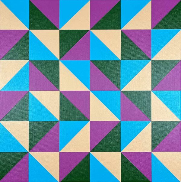 A hard-edged geometric abstract painting consisting of 72 triangles painted in four different colors.