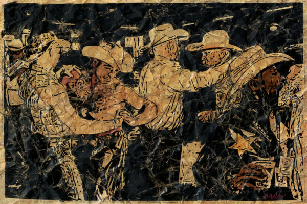 A print work featuring a pairs of cowboys dancing.