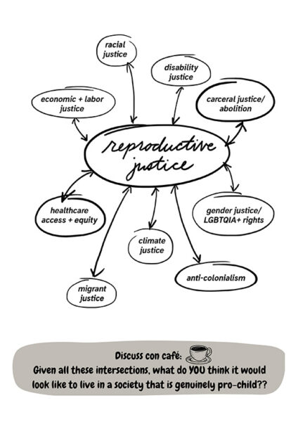 A hand drawn graphic outline the overlapping spheres of reproductive health and politics.