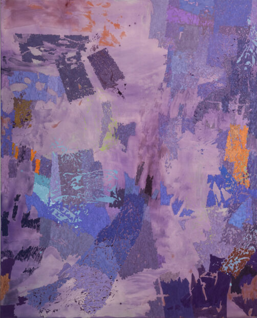 An abstract painting by Mary Ramsden featuring shades of purple.