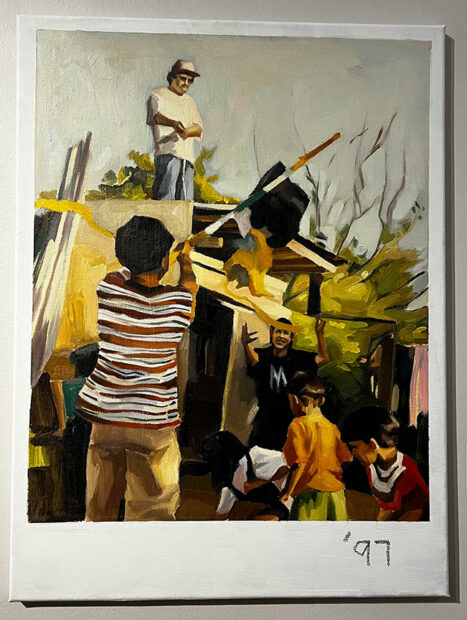 A painting made to look like a polaroid of children playing outside.