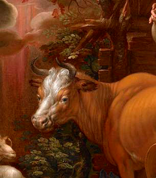 A cow turns its head back towards the viewer and gazes directly in that direction.