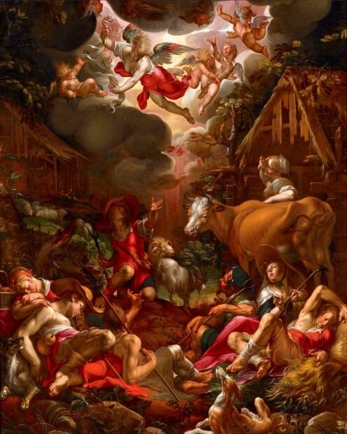 Angels descend from heaven and float above shepherds and they herds.