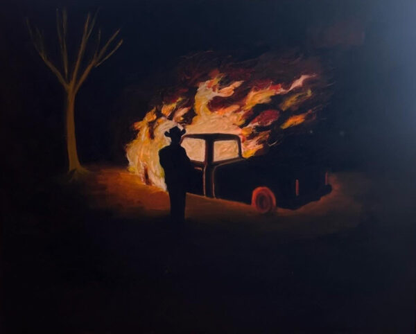 A painting of a burning pickup truck at night with a man in a cowboy hat silhouetted in front of it.