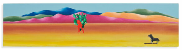 A long, narrow painting of a landscape with a man near a cactus and a small dog.