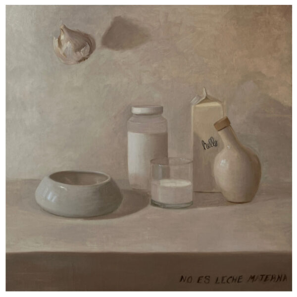 A white painting of various objects such as clove of garlic, a carton of milk, and a jar.