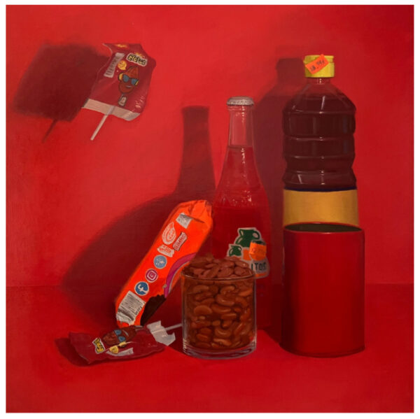 A red painting of various objects, such as a soda, a caramel sucker, a snack cake, and a small jar.