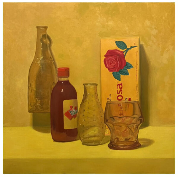 A yellow painting of a bottle, a vase, a glass, a salsa container, and a box of cookies.