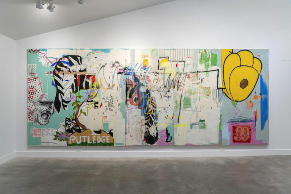 A large abstract painting with text fragments hangs on the wall of a gallery.