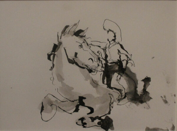 An ink drawing of a cowboy riding a horse