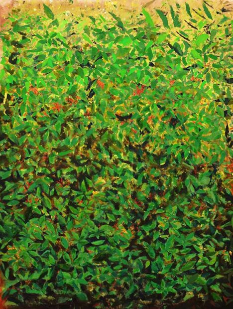 A tall, vertical painting of yellow and green leaves and foliage.