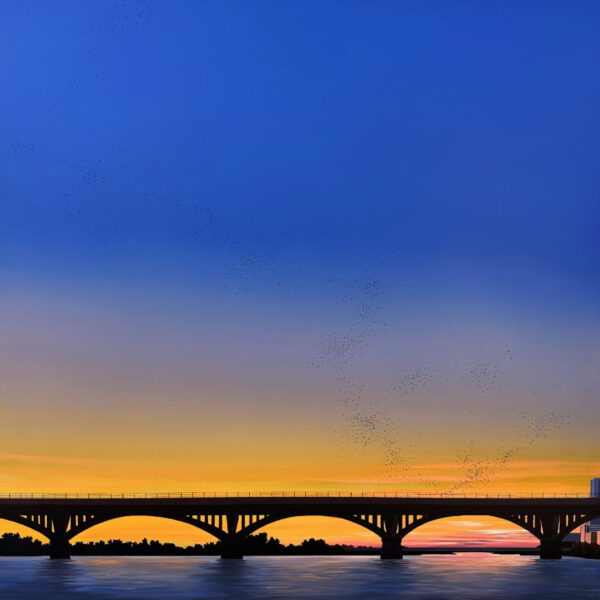 A painting of a bridge at dusk with a large group of bats flying upward.