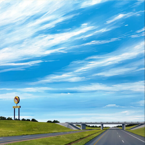 A painting of a highway and a Buc-ee's sign under a bright blue sky.