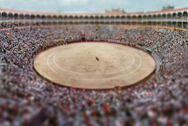 A photograph by Esteban Pastorino Diaz of a matador and a bull in an arena filled with people.