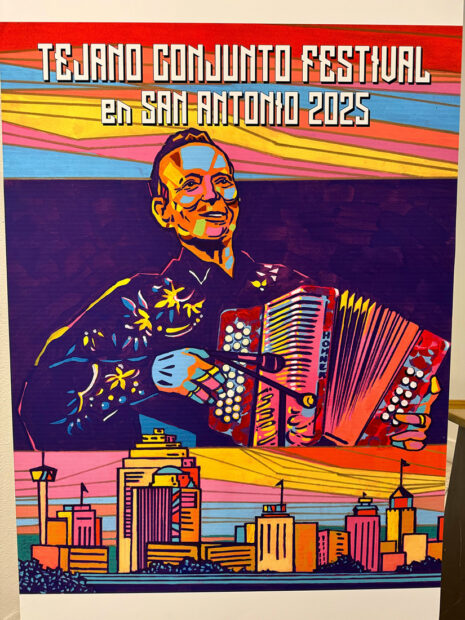 A poster designed by Robert Sosa feauting an accordionist and the San Antonio skyline.