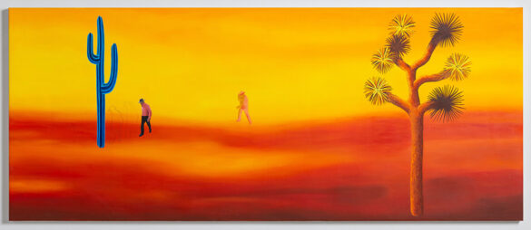 A red and orange landscape populated only by a tree and a cactus and two faint figures.