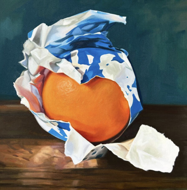 A painting by Ariel Davis featuring a partially wrapped orange.