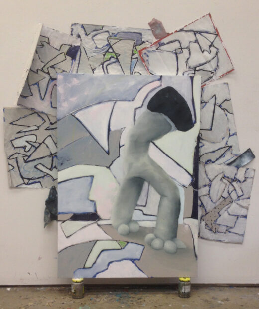 A painting installation by Calvin Pressley featuring an abstract painting sitting atop glass jars, with abstract paintings on paper collaged on the wall behind it.