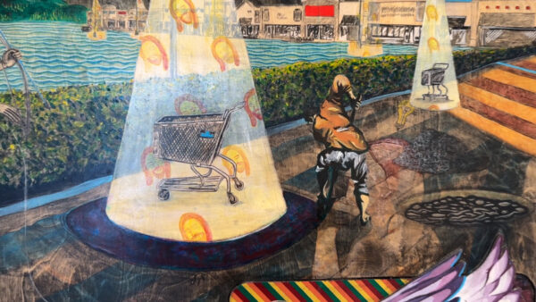 A detail of a painting depicting a man shoveling in the street and a cone of light shining on a shopping cart.