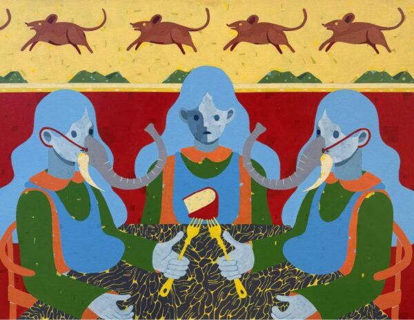 A stylized painting by Iris Kwon, featuring three figures sitting at a table, two of which are wearing elephant trunks over their noses.