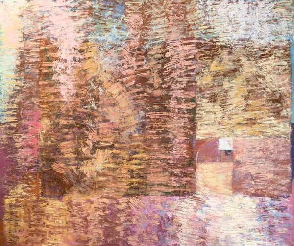 A large non-figurative painting with pinks and browns.