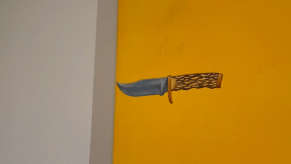 A detail of a painting featuring a small knife sticking into the edge of a white rectangular form.