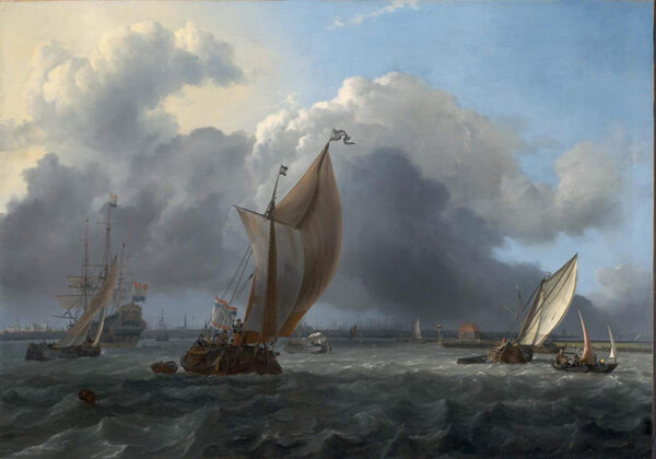A painting of ships in a storm.